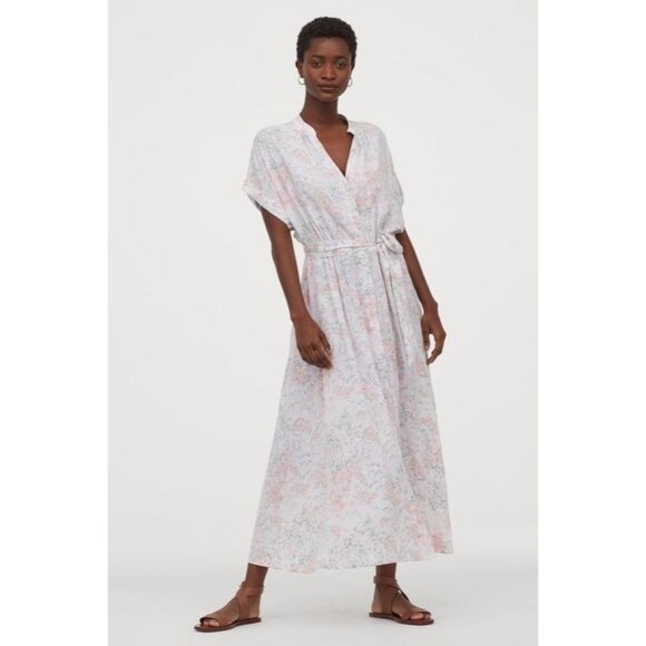 H&M Dress Floral Print Button Down Midi V Neck Short Sleeve - Picture 1 of 12